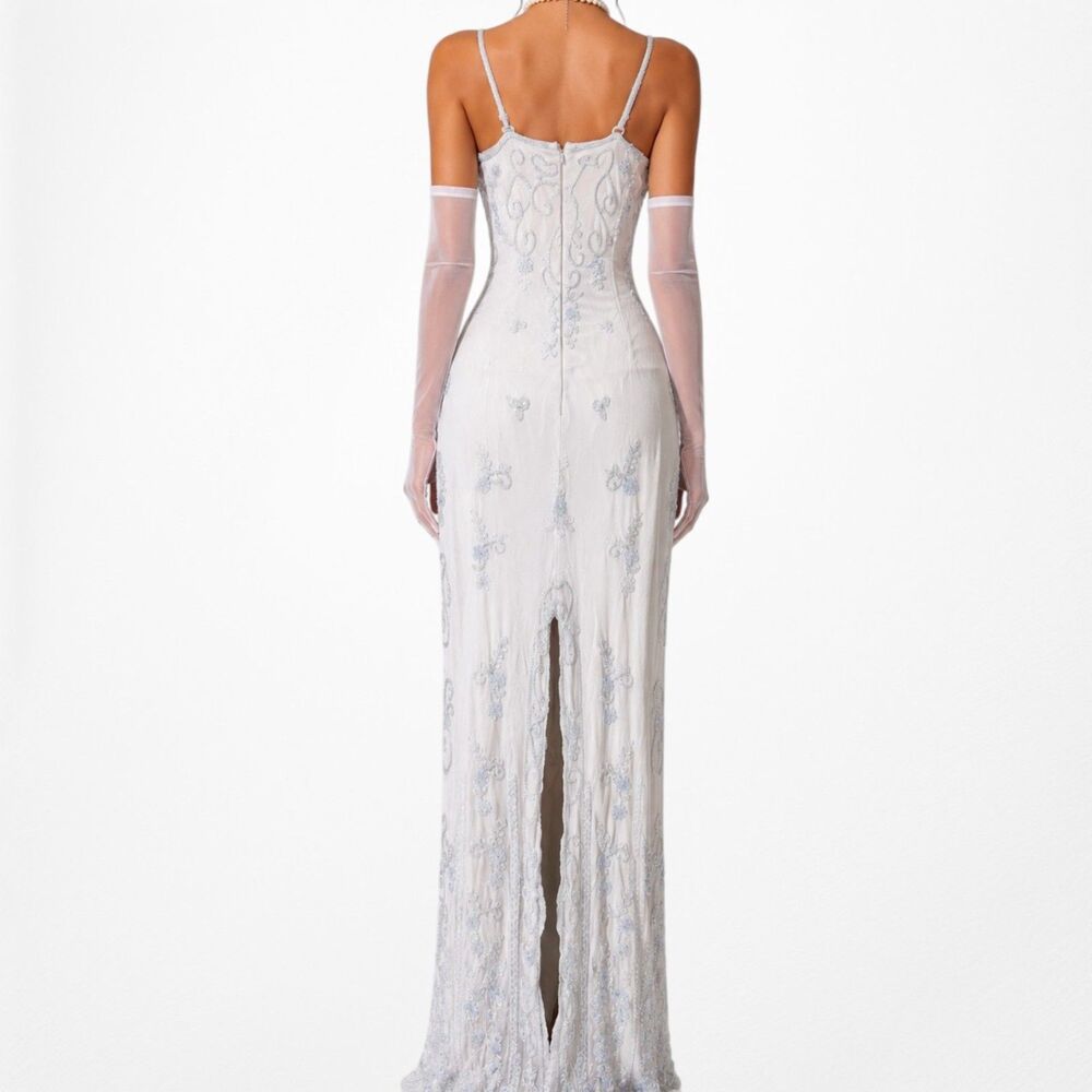 Vintage Y2K Silk Baby Blue Cream Bodycon Floral Beaded Maxi Prom Dress Size S - Picture 4 of 9
